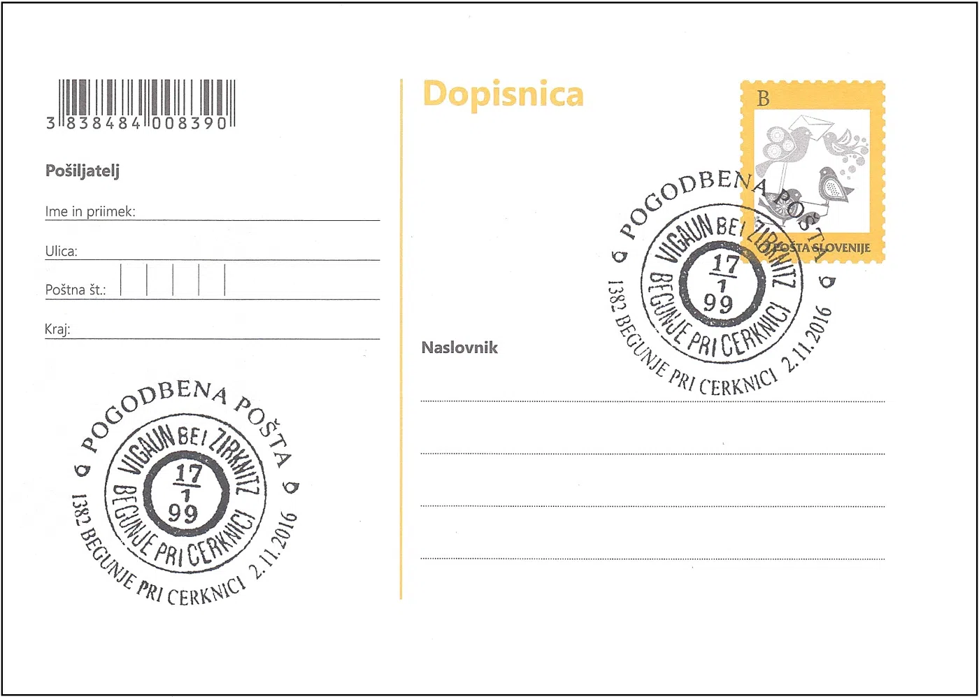 POGODBENA POŠTA 1382 BEGUNJE PRI CERKNICI